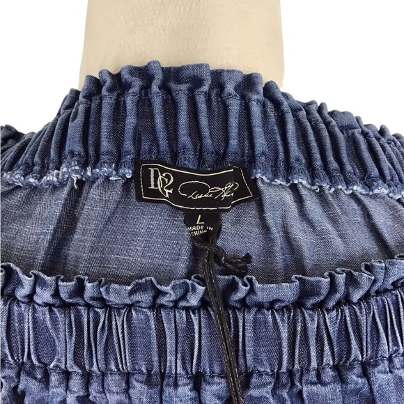 DG2 Diane Gilman Blue Cotton Off The Shoulder Embroidered Bell Sleeve TOP NWT - Picture 7 of 7